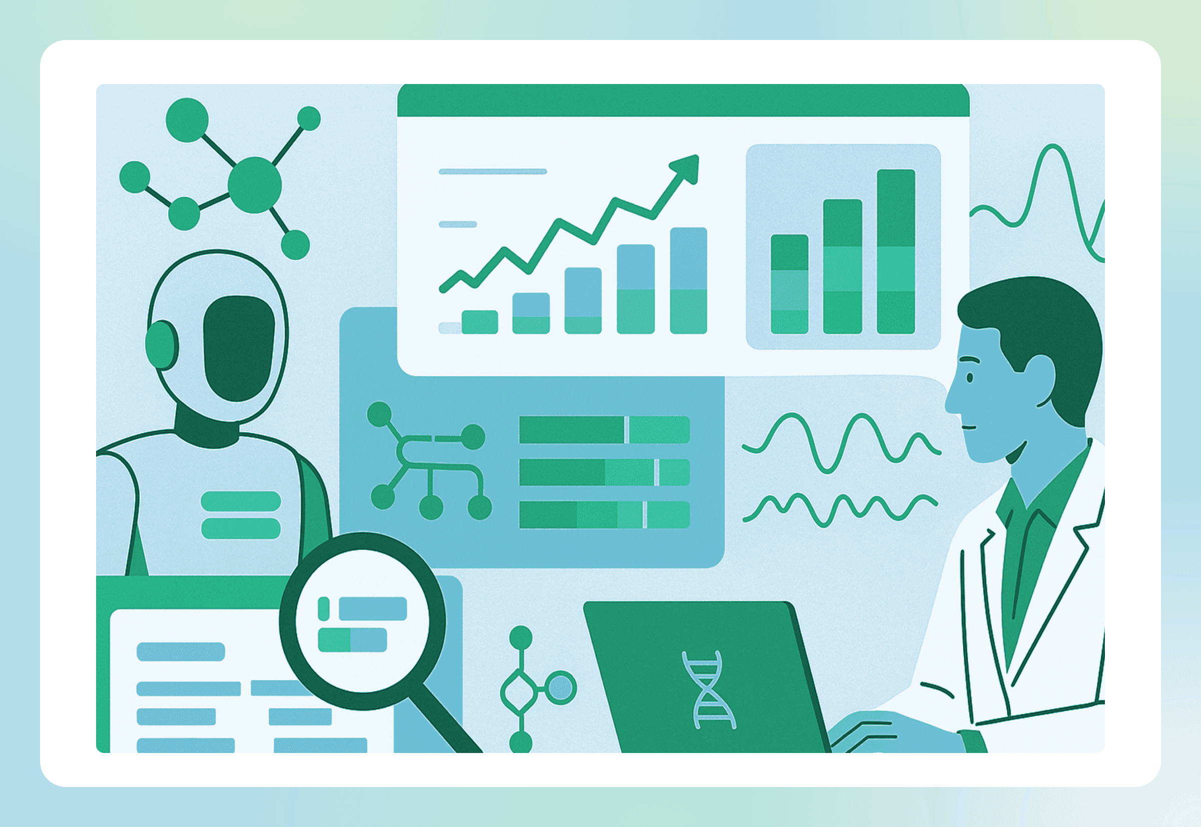 Illustration of AI-assisted biotech and pharmaceutical equity research.