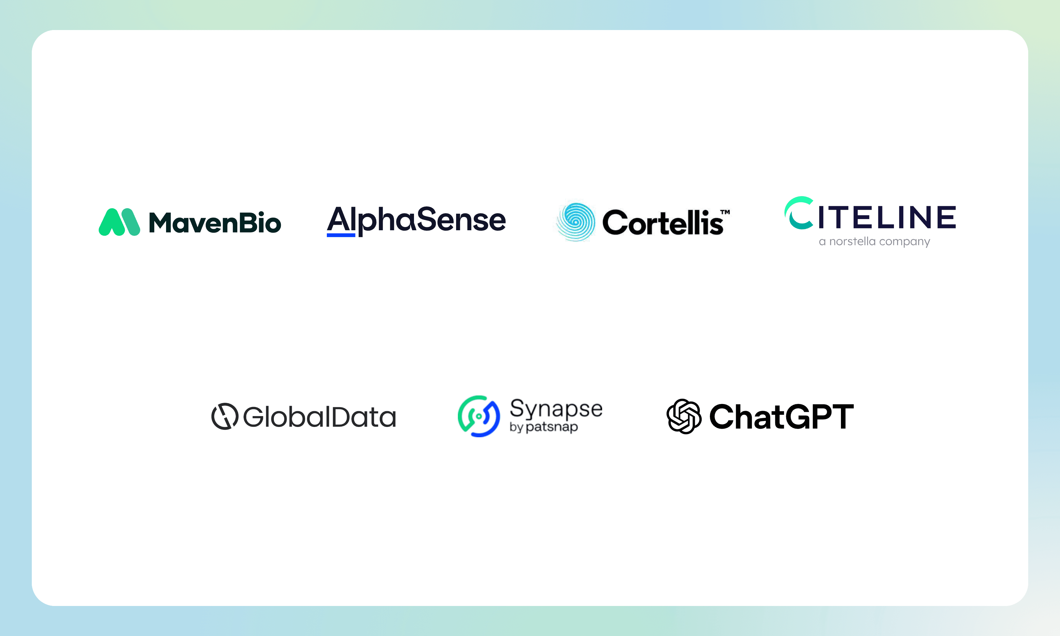 Official logos of Maven Bio, AlphaSense, Cortellis, Citeline, GlobalData, Patsnap Synapse, and ChatGPT
