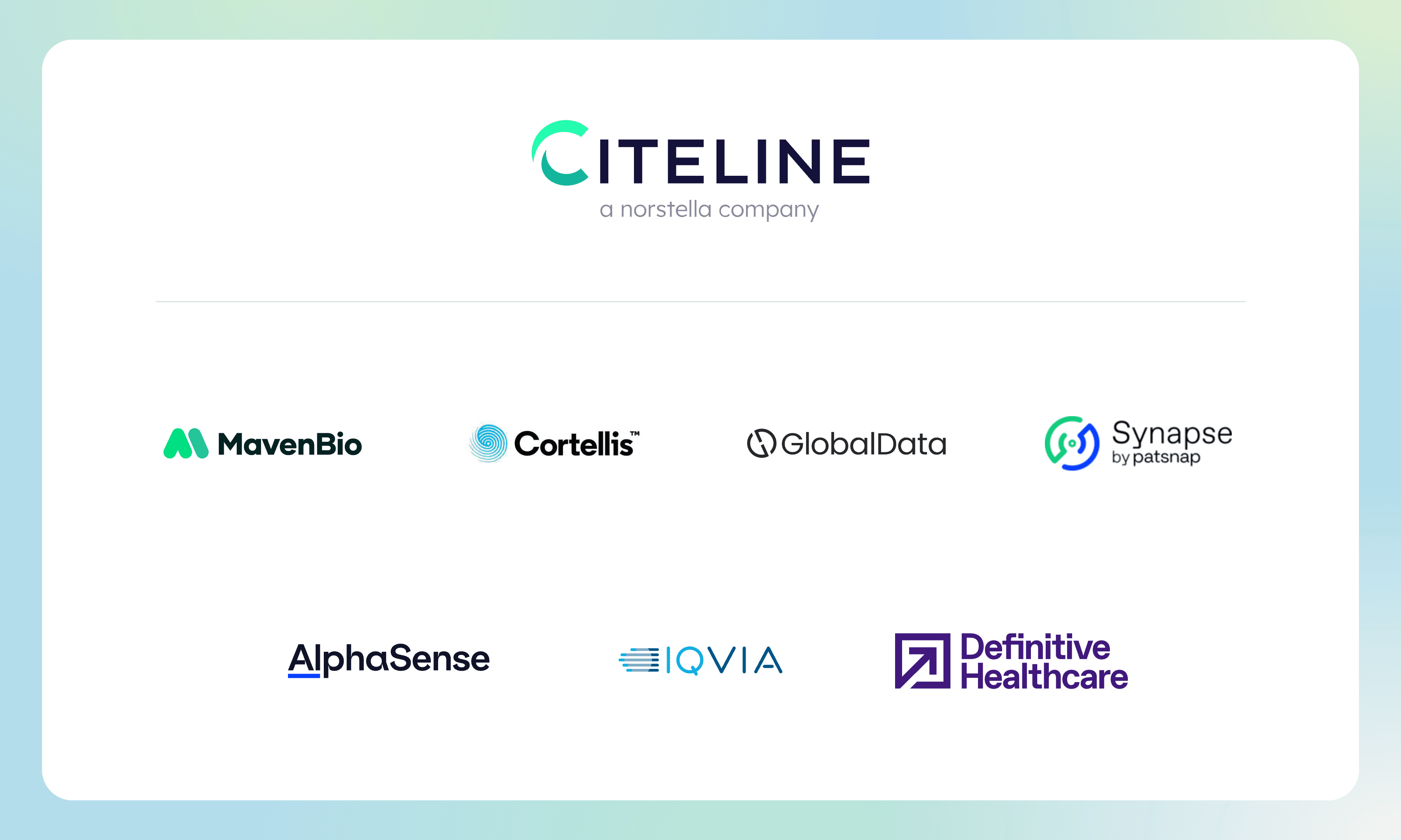 Citeline logo above Maven Bio, Cortellis, GlobalData, Patsnap Synapse, AlphaSense, IQVIA, and Definitive Healthcare in two balanced rows