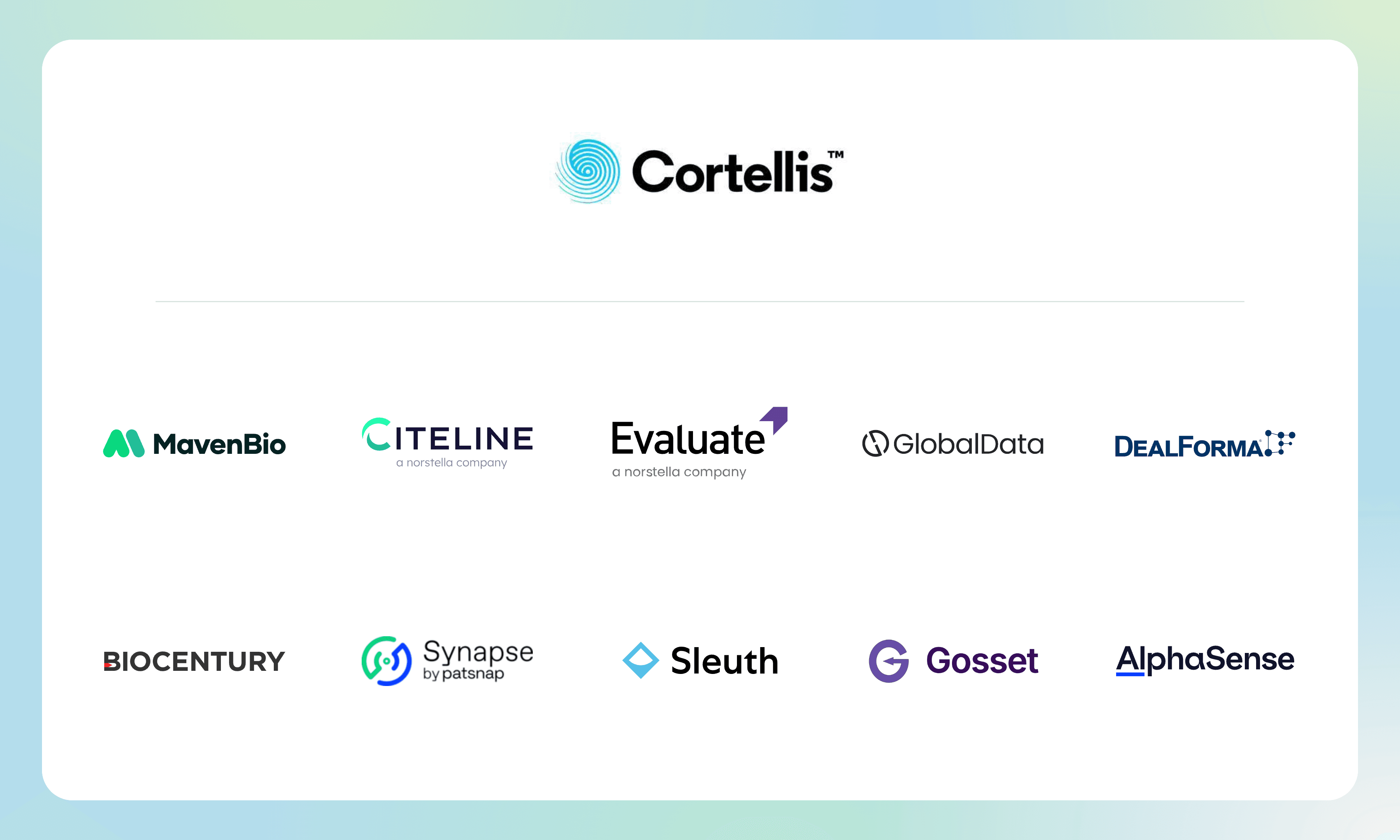 Official logos of Cortellis and ten alternatives: Maven Bio, Citeline, Evaluate, GlobalData, DealForma, BioCentury BCIQ, Patsnap Synapse, Sleuth, Gosset, and AlphaSense