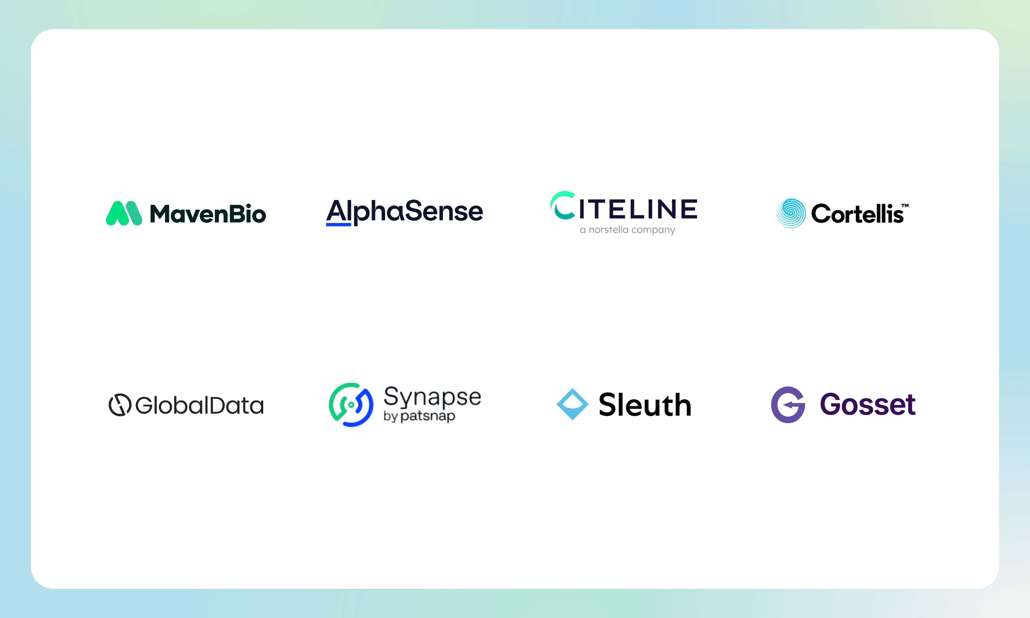Maven Bio, AlphaSense, Citeline, Cortellis, GlobalData, Patsnap Synapse, Sleuth and Gosset logos in two balanced rows